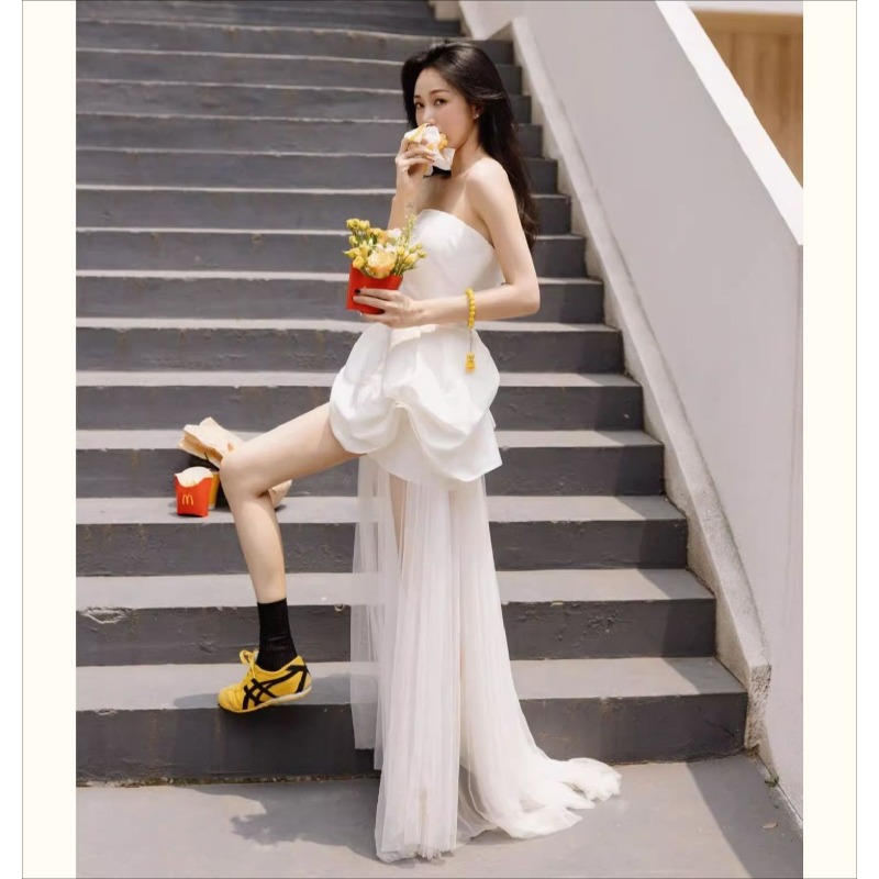 프렌치 화이트 스트랩리스 모닝 가운, 라이트 웨딩 드레 - Photography Lighting Outdoor 리뷰 및 가격